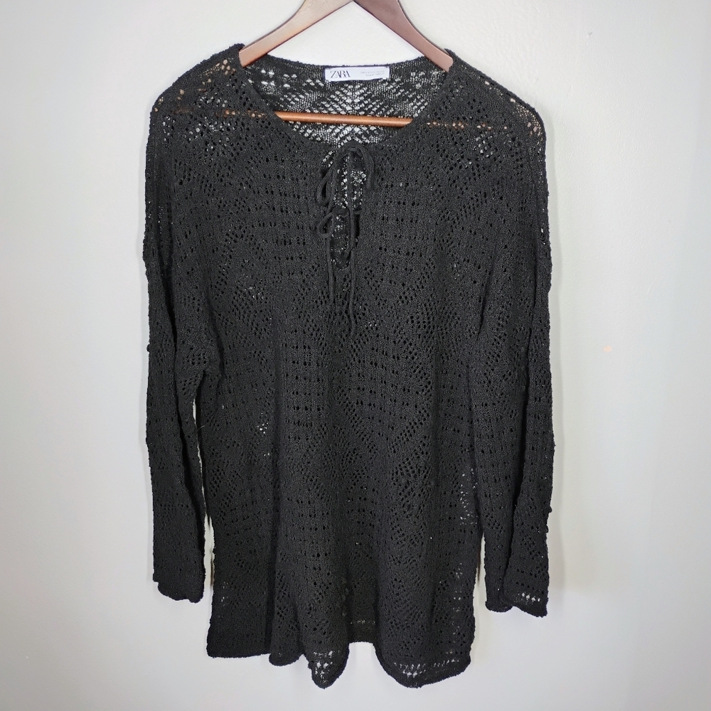 Zara Crochet Knit Drawstring Bell Sleeve Tunic Dress Top Black Beachy Size Small